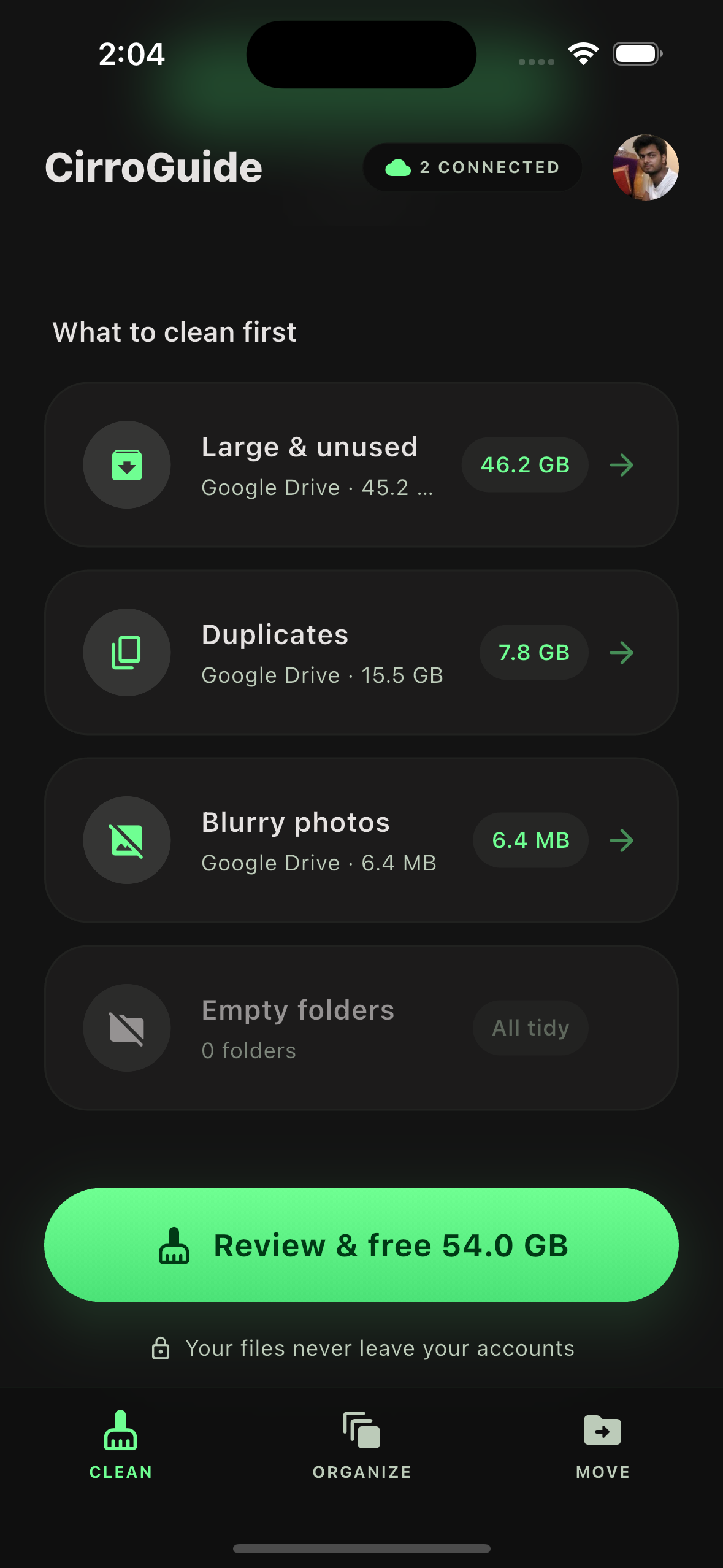 CirroGuide showing what to clean first across phone and cloud — Large & unused, Duplicates, Blurry photos, Empty folders